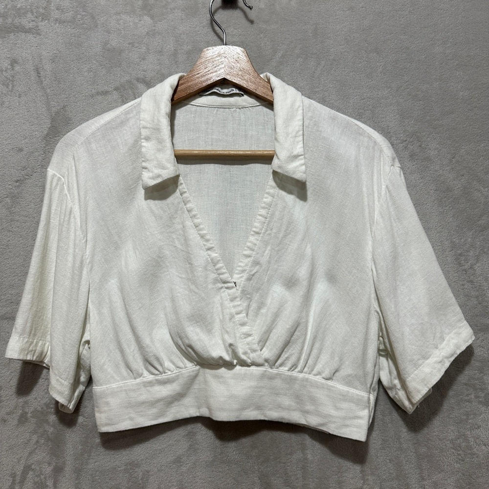 Abercrombie & Fitch White Linen Blend V-Neck Cropped Short Sleeve Top Small